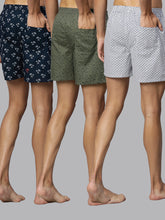 Men's Multicolor, 100% Cotton, Printed, Regular Fit, Inner Elastic, Mid-Rise, Boxers- Pack of 3